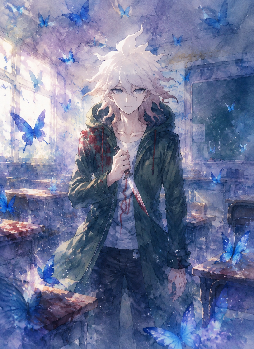 Clutching a bloody knife with a serene expression In a deserted classroom filled with blue butterflies (dreamy watercolor anime with soft hazy lighting)
