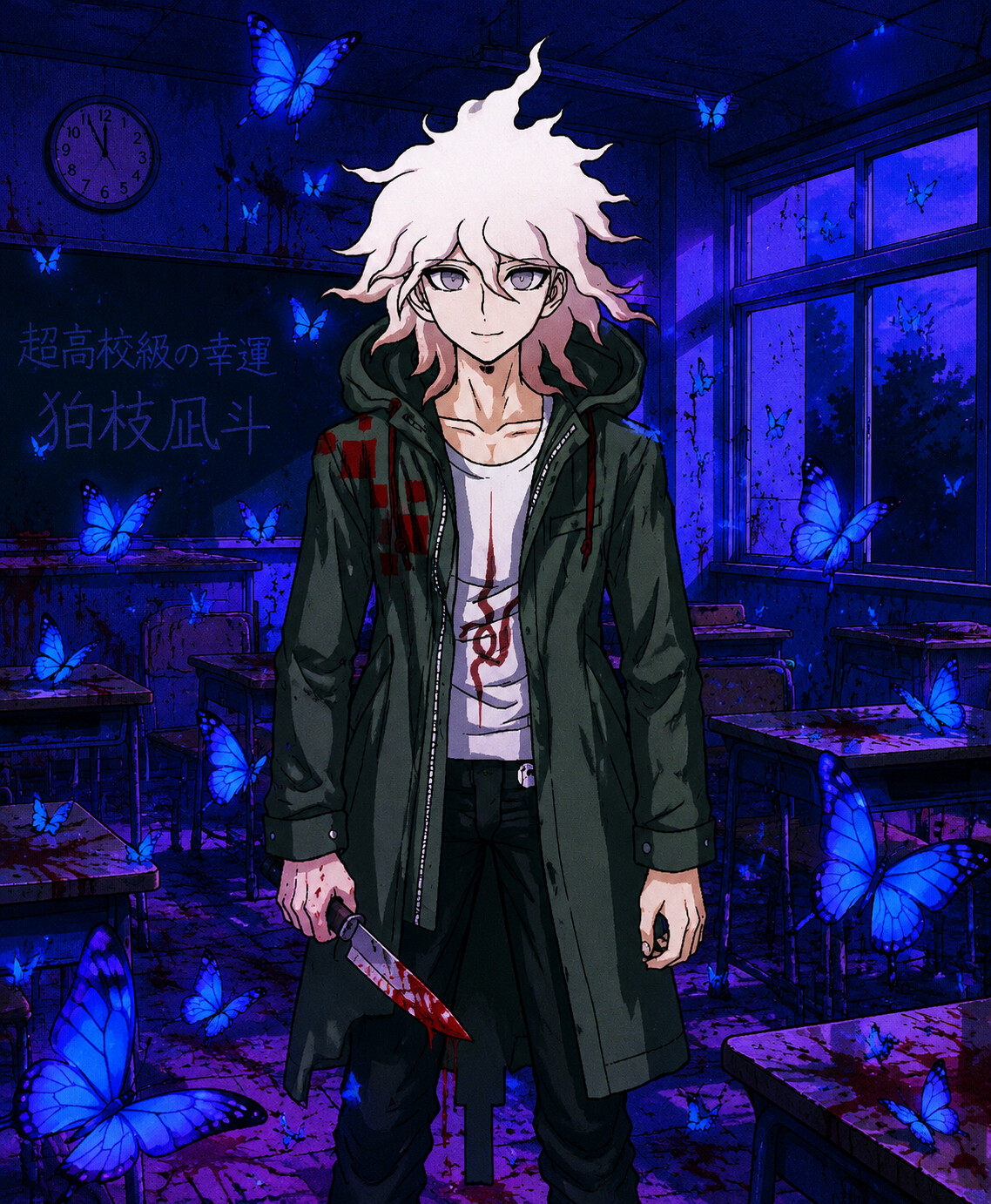 Clutching a bloody knife with a serene expression in a deserted classroom filled with blue butterflies (vibrant 90s retro anime aesthetic)