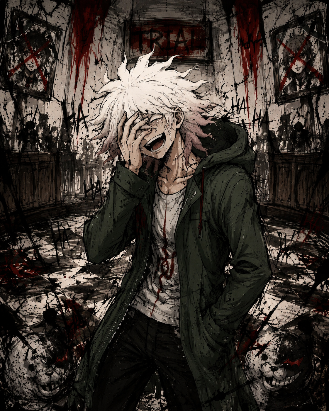 Laughing breathlessly with a hand over his face At the center of a chaotic trial room (gritty sketch art with frantic ink splatters)