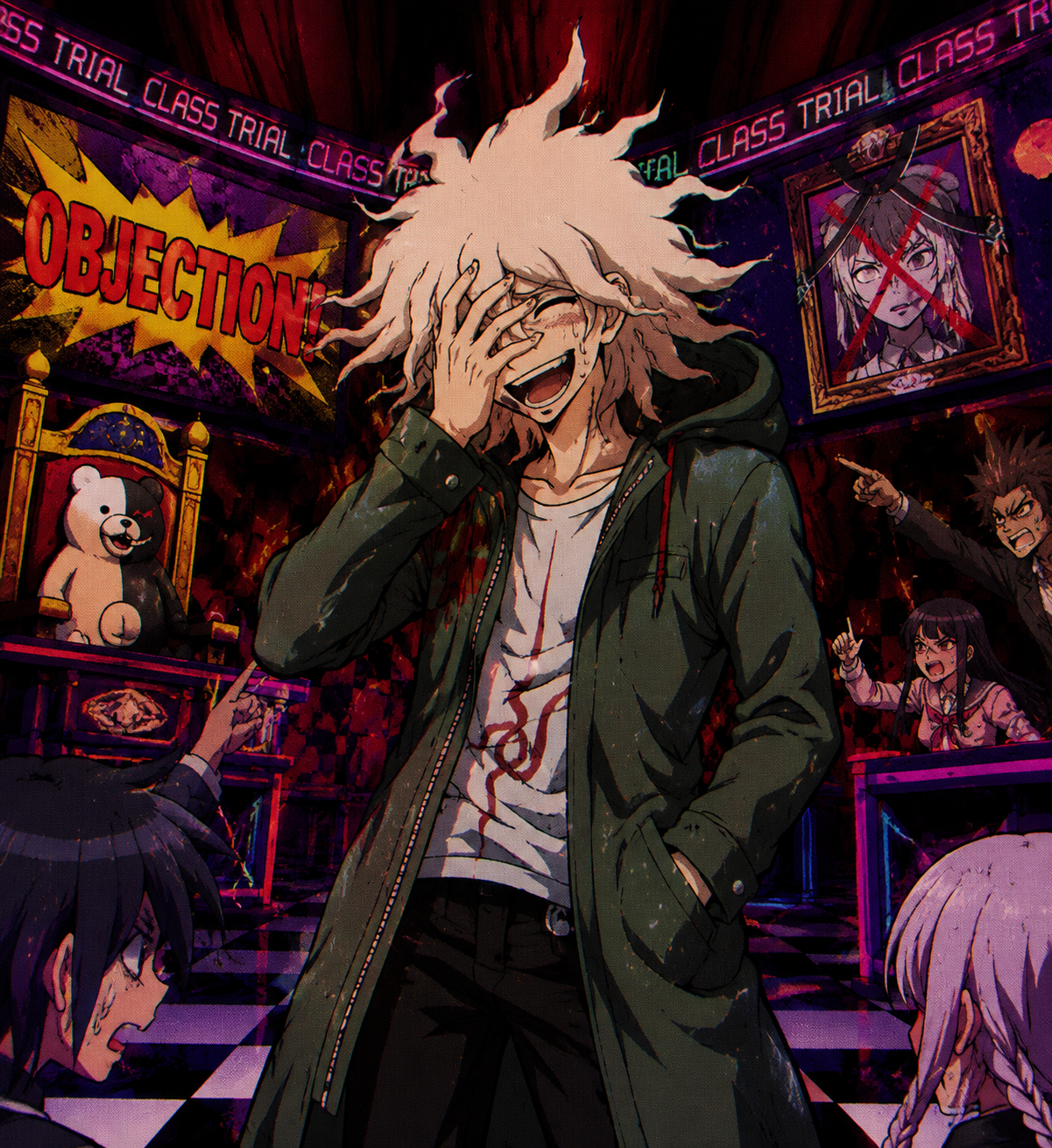 Laughing breathlessly with a hand over his face At the center of a chaotic trial room (vibrant 90s retro anime aesthetic)