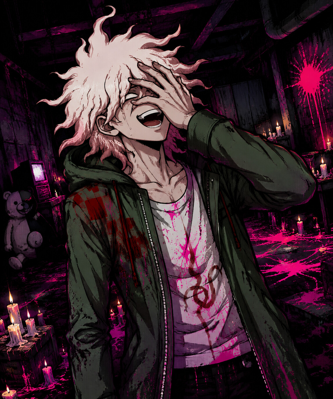 Laughing breathlessly with a hand over his face in a dimly lit basement surrounded by flickering candles (Danganronpa pop-art style with neon pink blood)