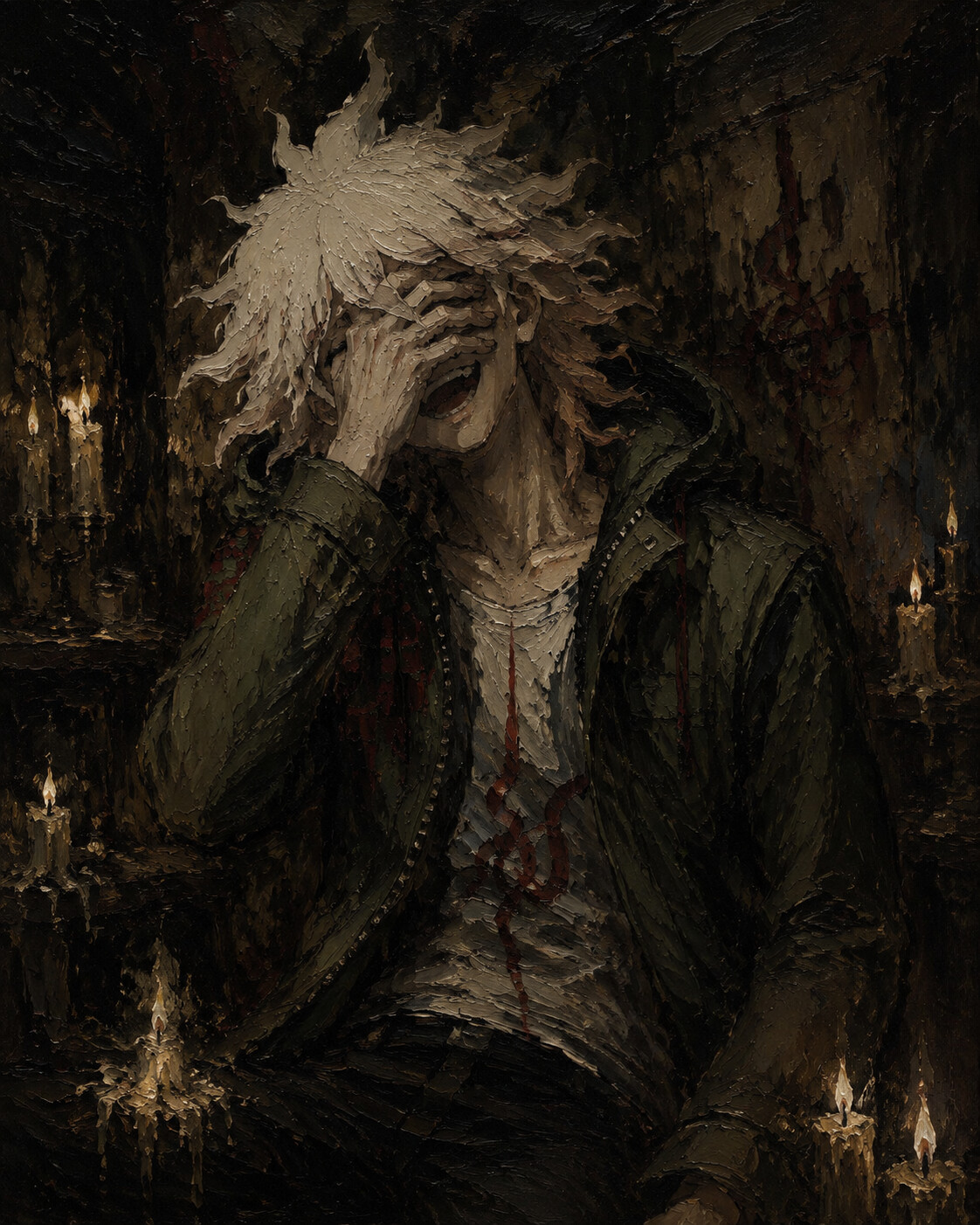 Laughing breathlessly with a hand over his face in a dimly lit basement surrounded by flickering candles (dark gothic oil painting with heavy impasto)