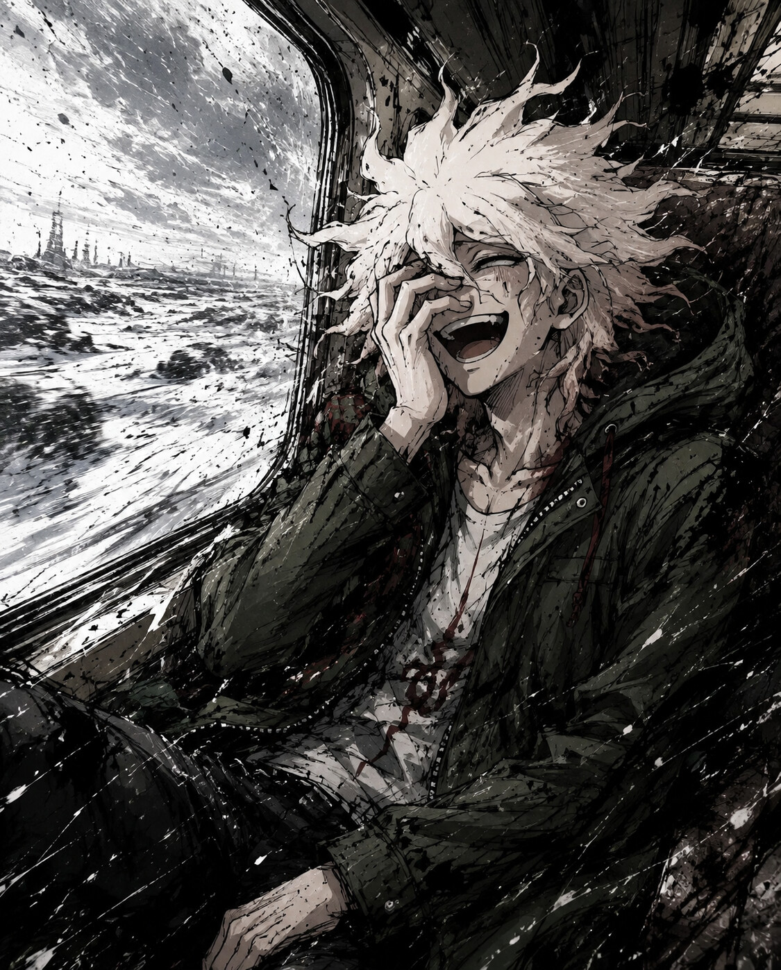 Laughing breathlessly with a hand over his face on a high-speed train passing through a snowy wasteland (gritty sketch art with frantic ink splatters)