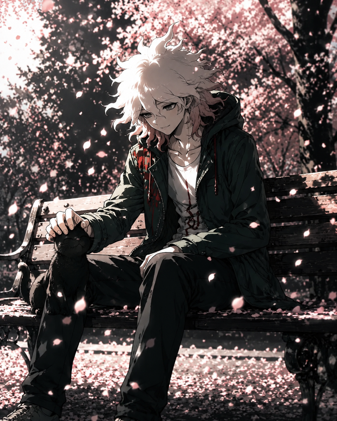 Petting a small black cat with unexpected gentleness At a sunny park bench during a cherry blossom storm (high-contrast cinematic noir with dramatic shadows)