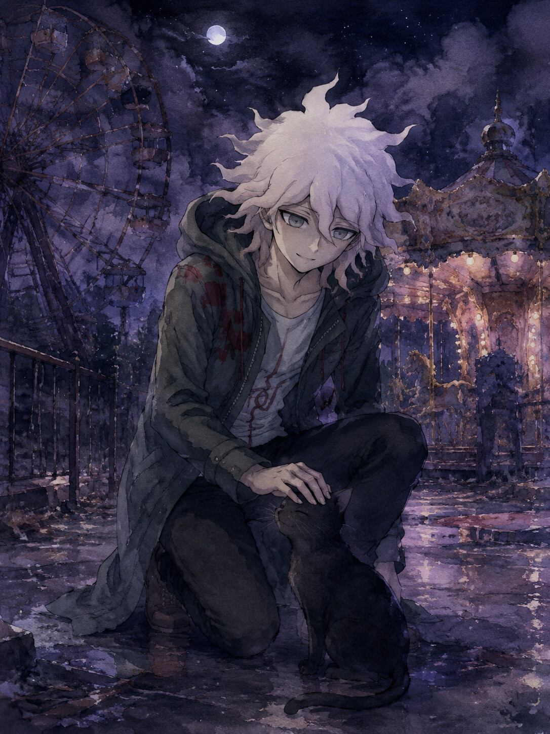 Petting a small black cat with unexpected gentleness in a decaying amusement park at midnight (dreamy watercolor anime with soft hazy lighting)