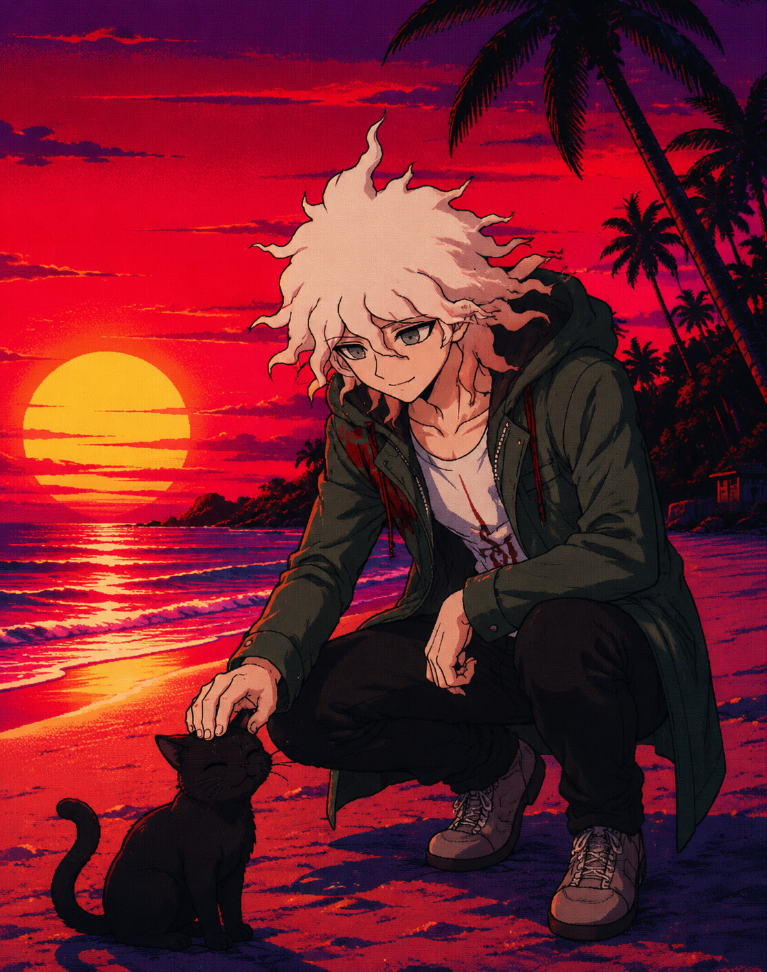Petting a small black cat with unexpected gentleness on a tropical beach under a blood-red sunset (vibrant 90s retro anime aesthetic)