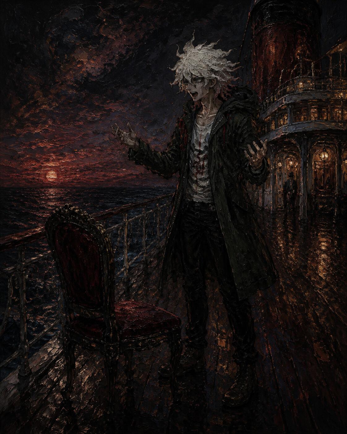 Rambling about hope to an empty chair on the deck of a luxury cruise ship at dusk (dark gothic oil painting with heavy impasto)