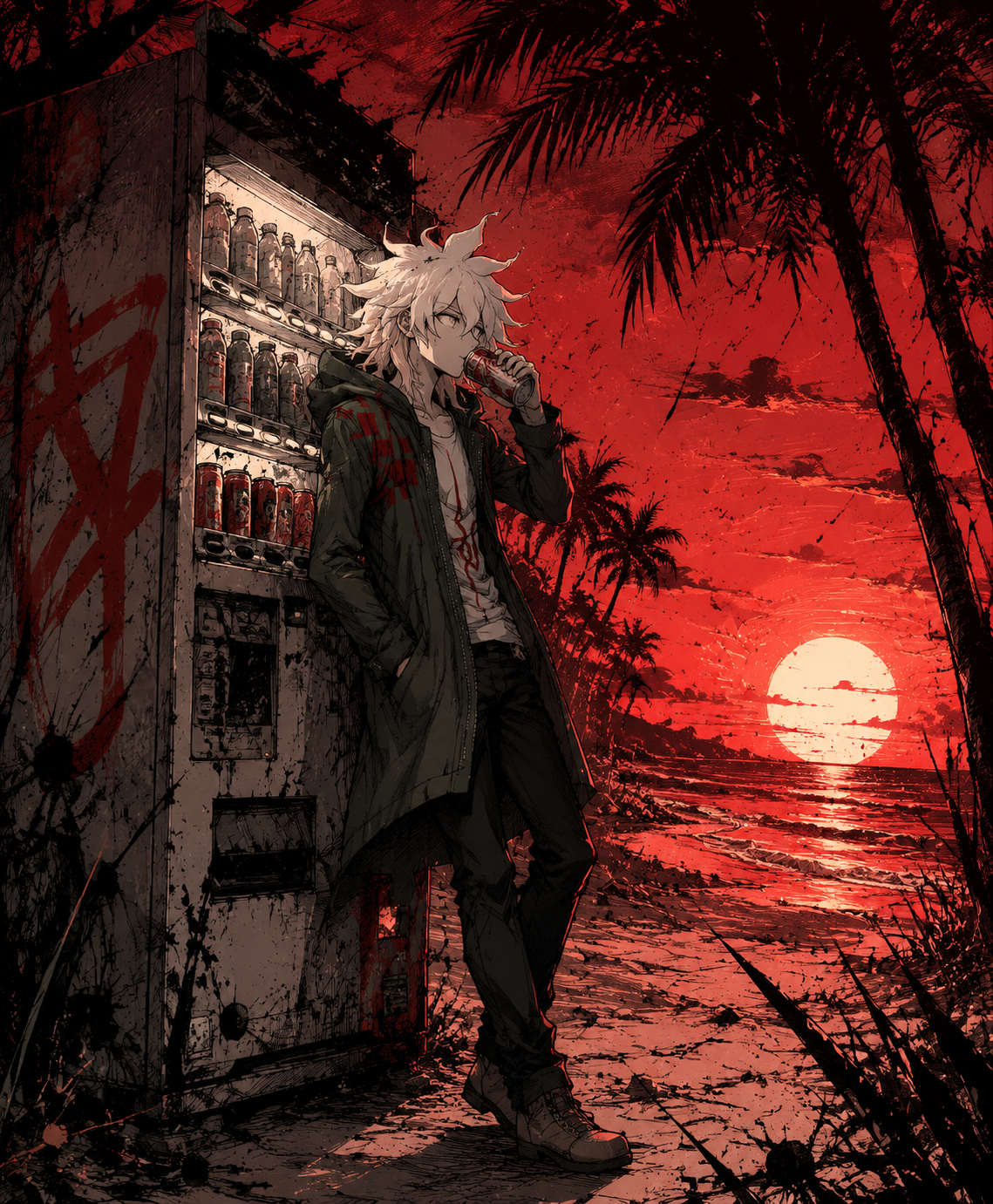 Sipping a carbonated drink from a vending machine On a tropical beach under a blood-red sunset (gritty sketch art with frantic ink splatters)