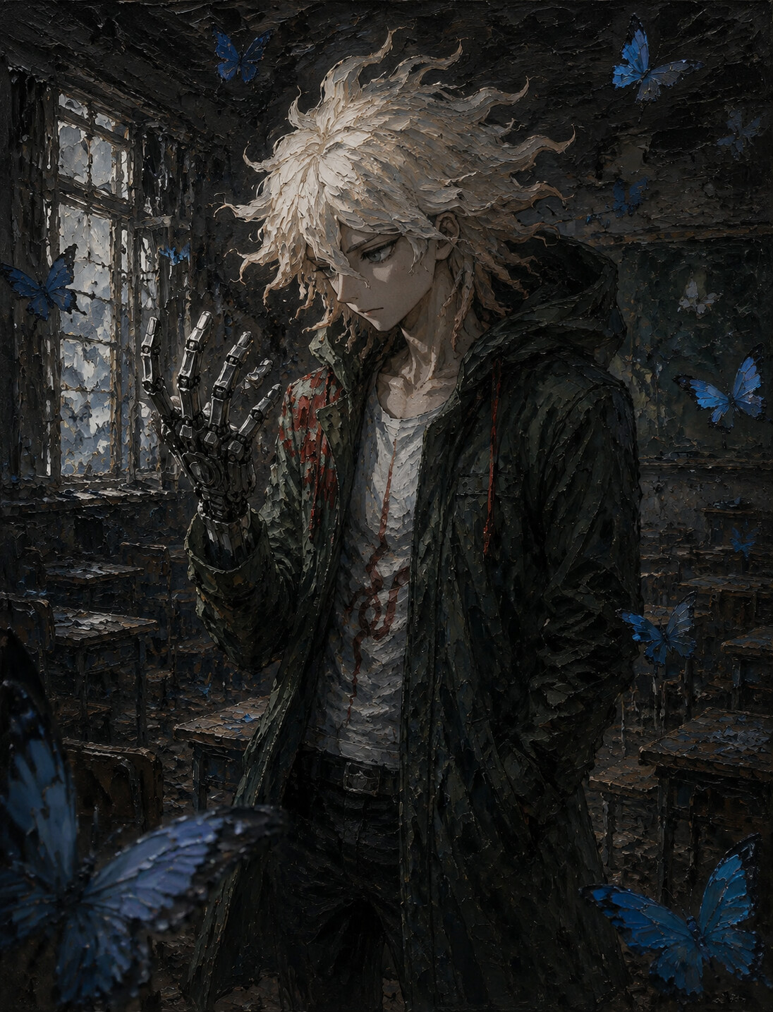 Staring intensely at his mechanical hand in a deserted classroom filled with blue butterflies (dark gothic oil painting with heavy impasto)