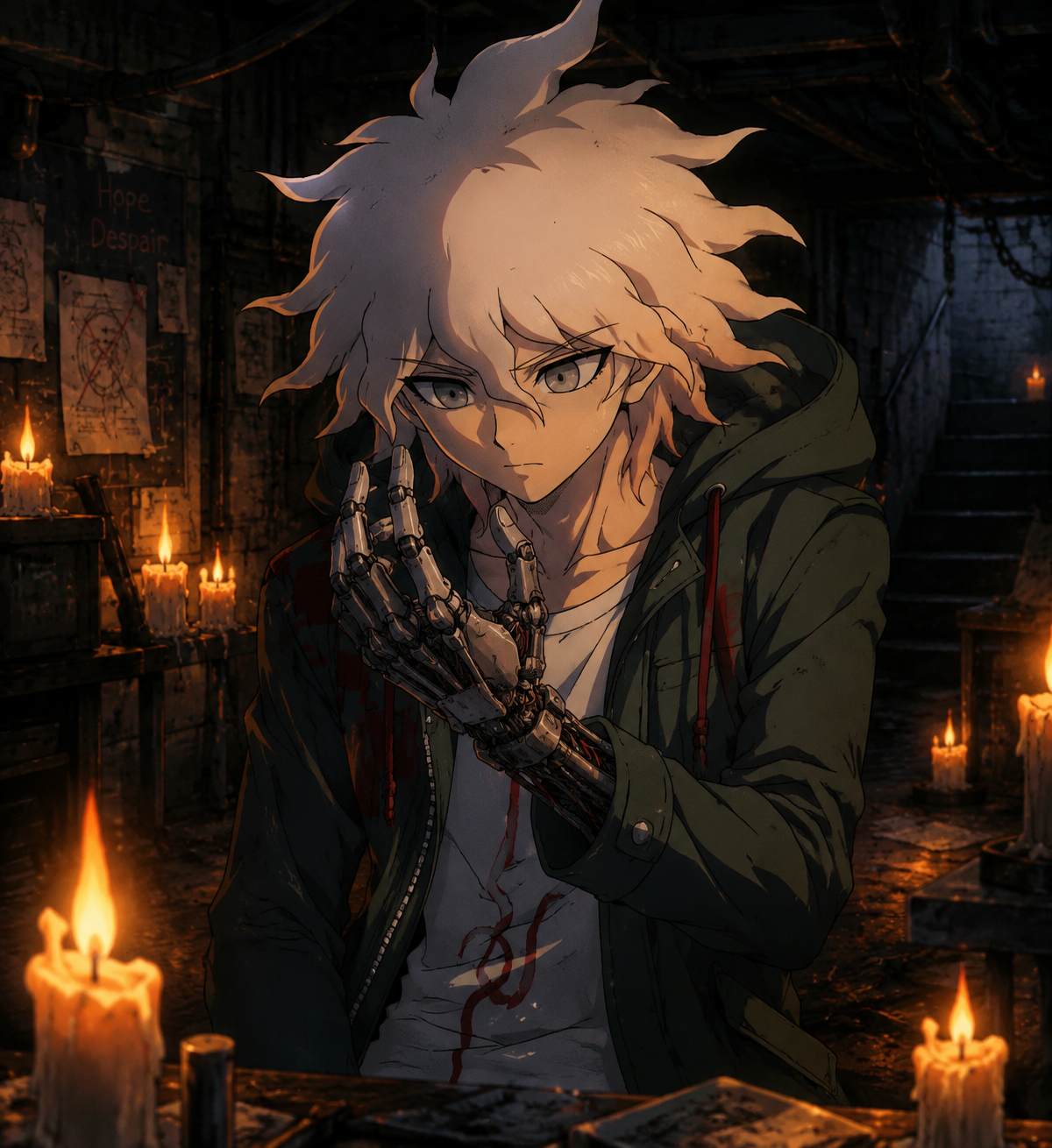 Staring intensely at his mechanical hand In a dimly lit basement surrounded by flickering candles (vibrant 90s retro anime aesthetic)