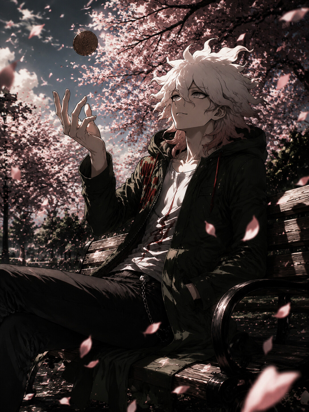 Tossing a rusted coin into the air at a sunny park bench during a cherry blossom storm (high-contrast cinematic noir with dramatic shadows)