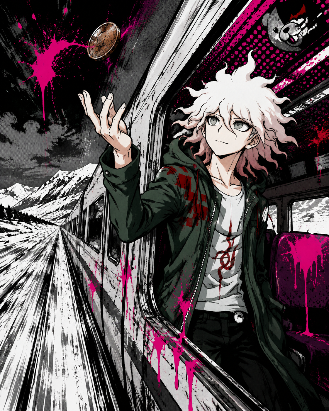 Tossing a rusted coin into the air On a high-speed train passing through a snowy wasteland (Danganronpa pop-art style with neon pink blood)