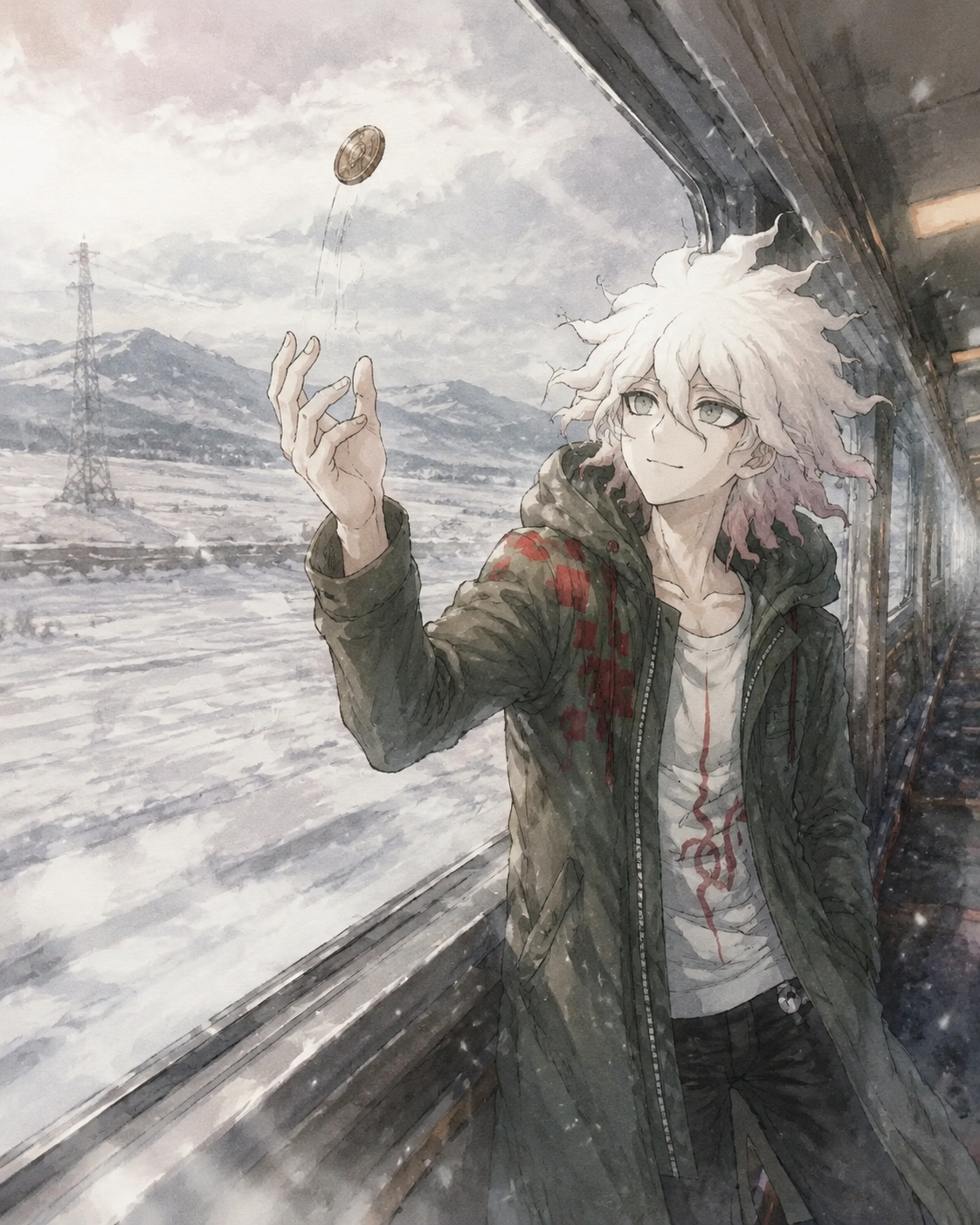 Tossing a rusted coin into the air On a high-speed train passing through a snowy wasteland (dreamy watercolor anime with soft hazy lighting)