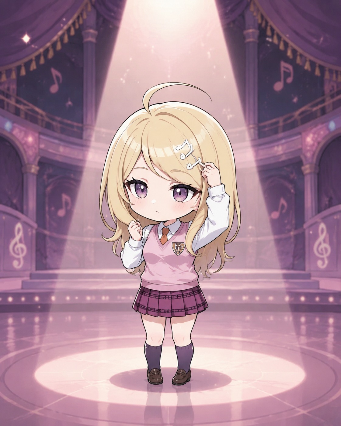 Adjusting her musical note hairpins On a grand stage under a solitary spotlight (chibi cute, pastel color palette)