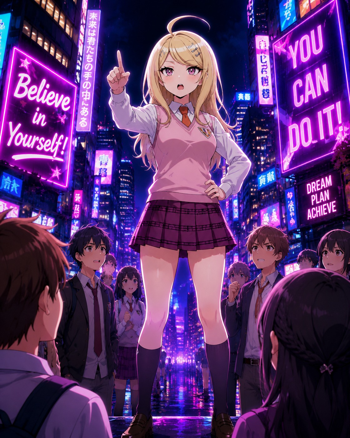 Giving a motivational speech to classmates On a neon-lit city street at midnight (vibrant anime style, high saturation)