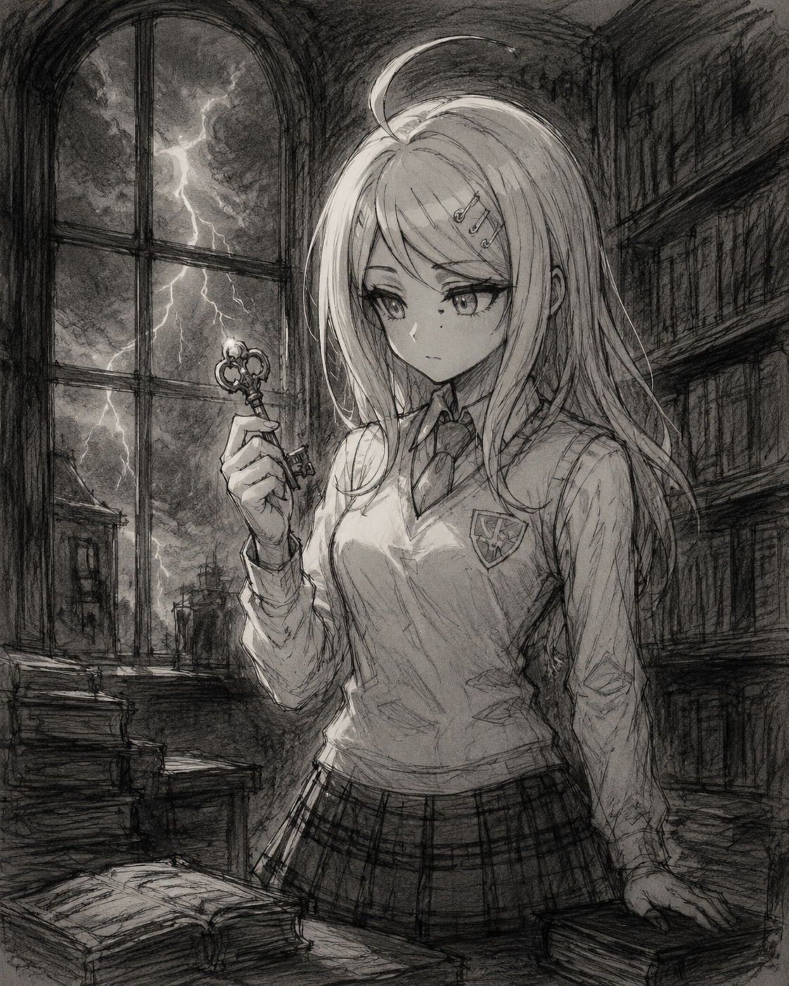 Inspecting a mysterious silver key In a silent library as lightning flashes outside (charcoal sketch, rough gestural lines)