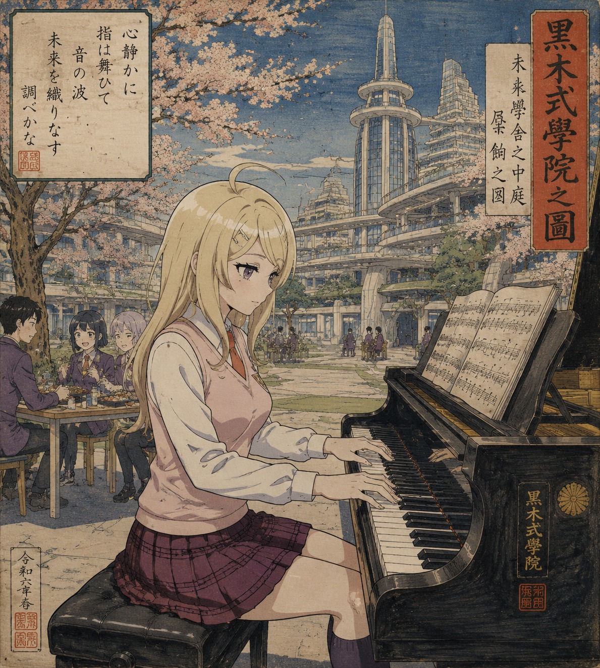 Playing a complex sonata on a piano At a futuristic academy courtyard during lunch (traditional ukiyo-e woodblock print)