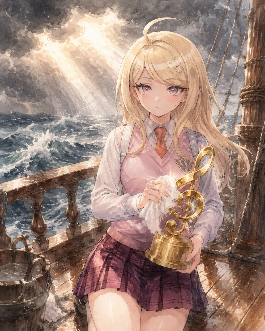 Polishing a gold music trophy On a wooden ship deck amidst a stormy sea (soft watercolor, ethereal sunbeams)