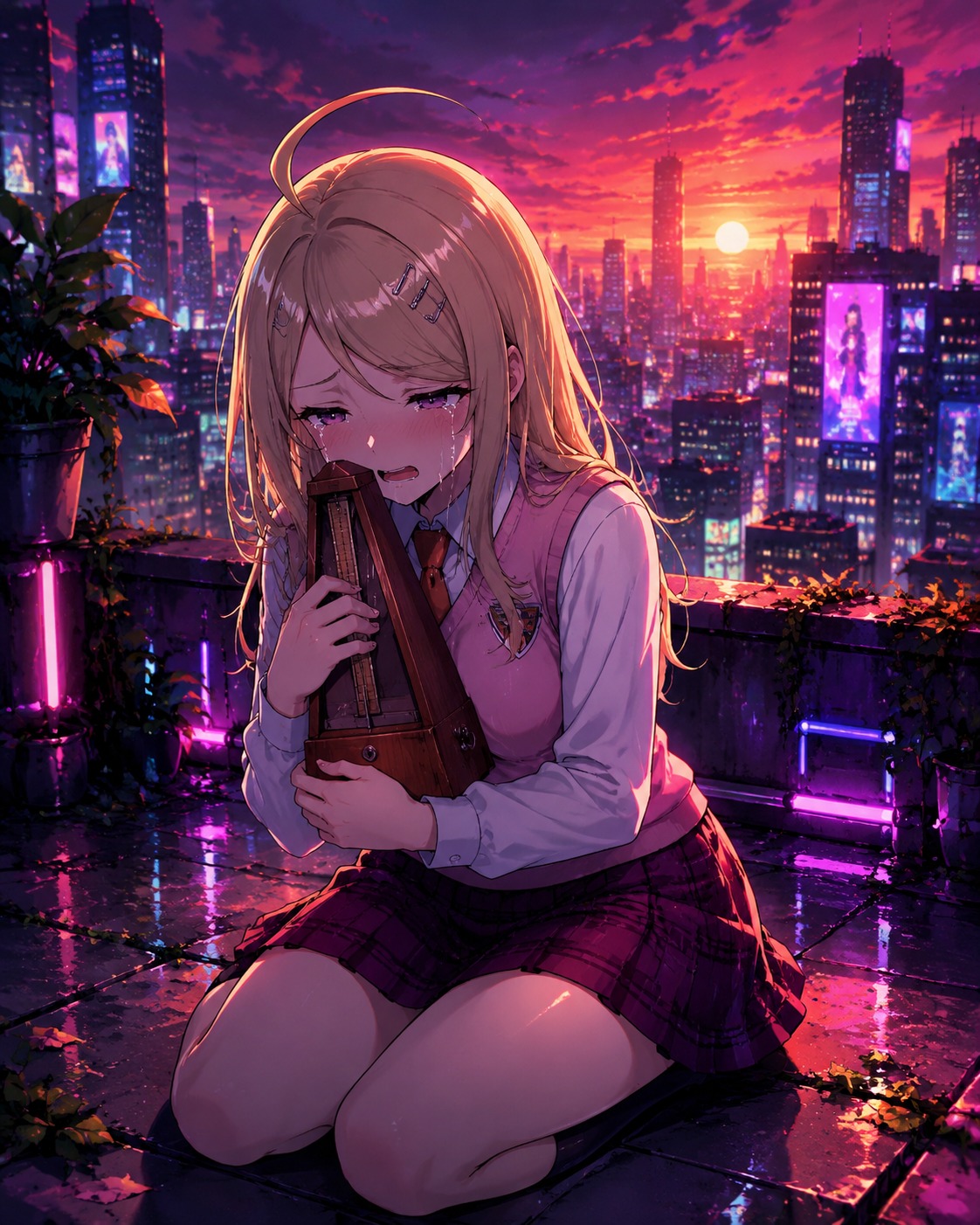 Weeping while clutching a wooden metronome On a rooftop garden overlooking a sunset cityscape (cyberpunk aesthetic, glowing neon highlights)