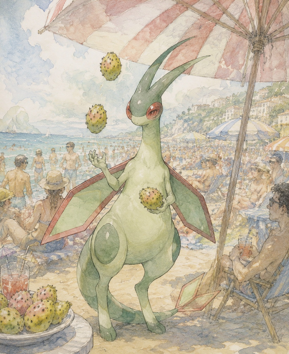Juggling prickly cactus pears with precision At a crowded beach resort under a striped umbrella (delicate watercolor, ethereal washes and pencil lines)