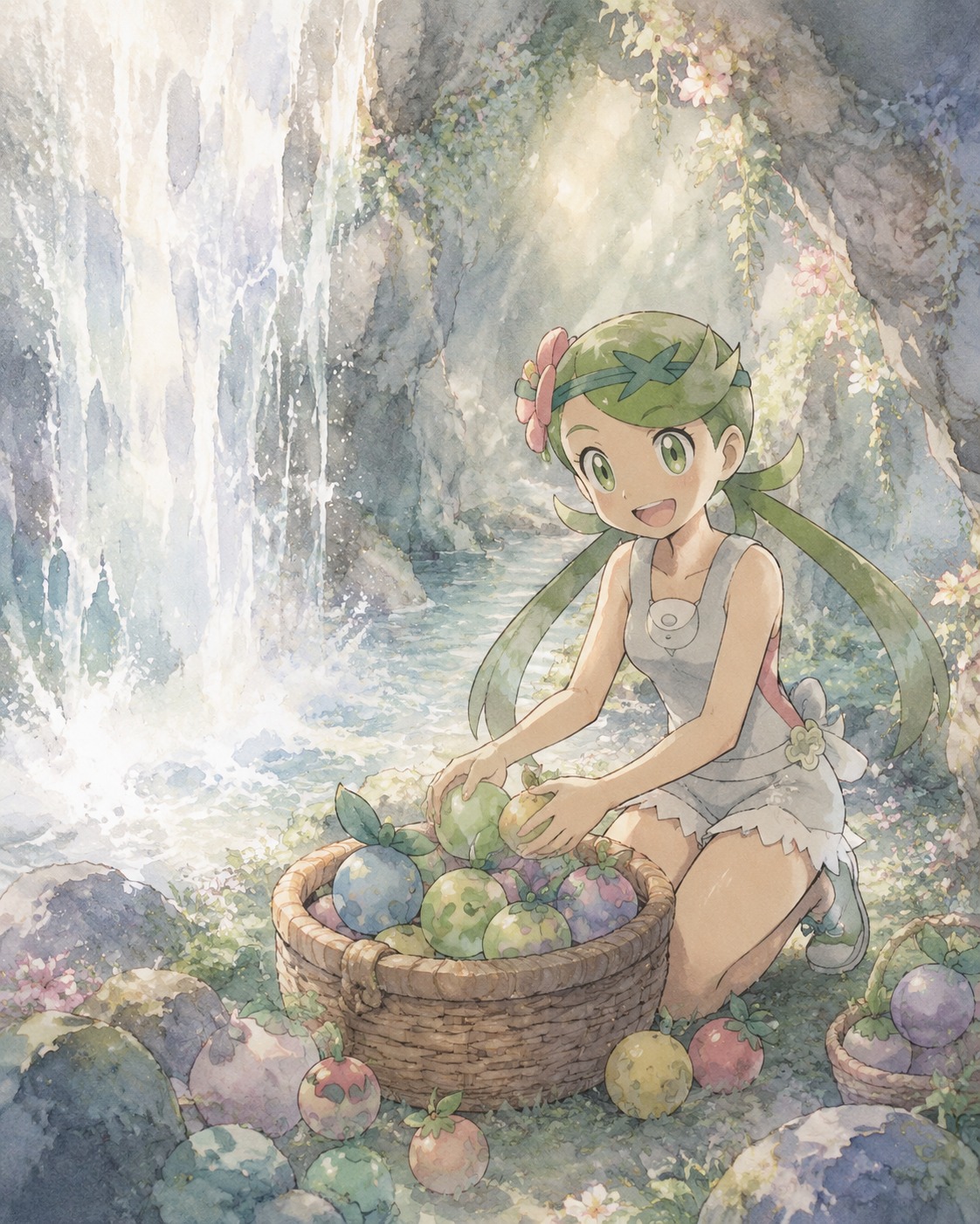 Arranging fresh apricorns in a basket In a hidden grotto behind a roaring waterfall (soft watercolor, pastel dreamy colors)