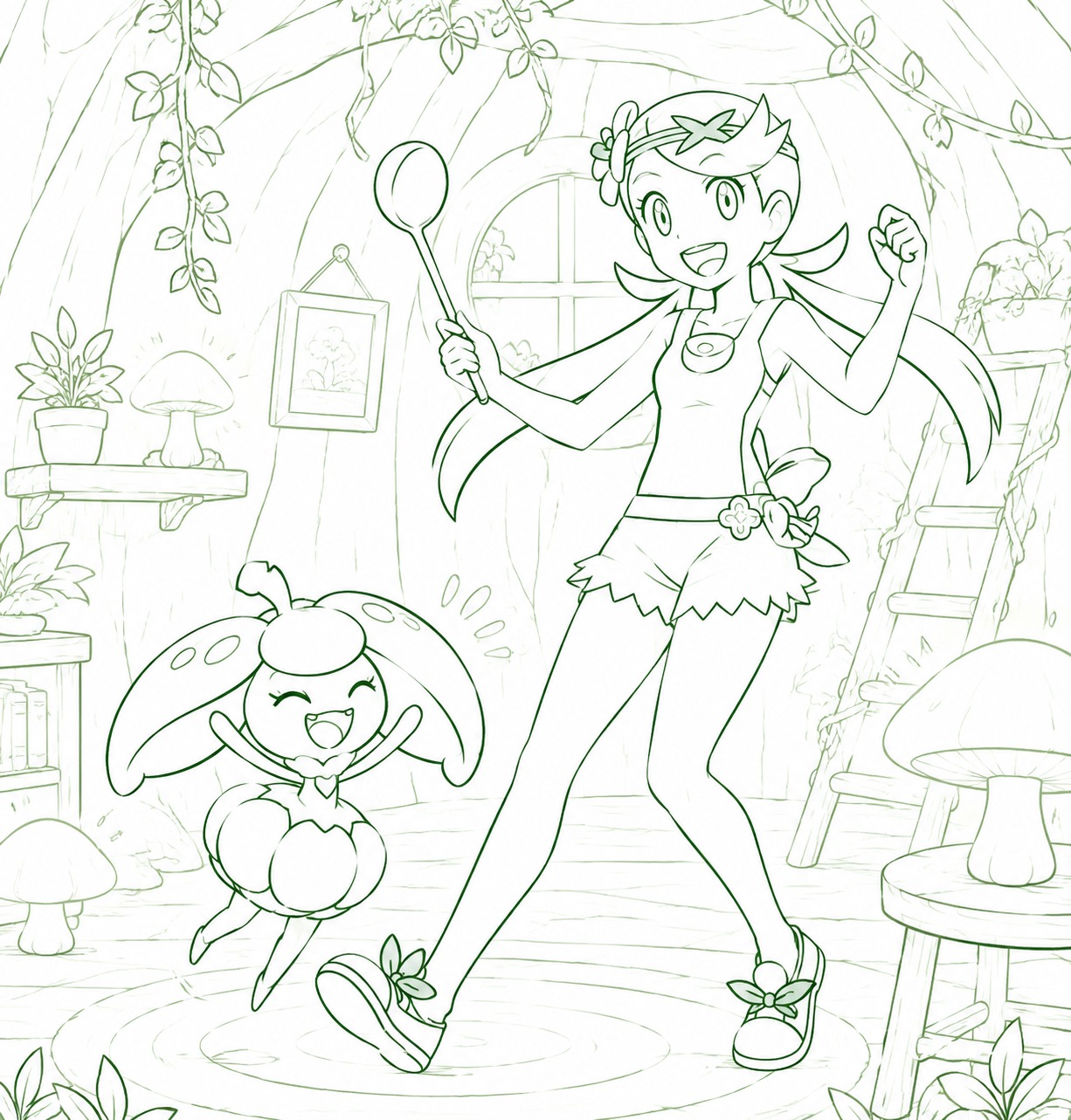 Dancing with an energetic steenee In a cozy treehouse lit by glowing mushrooms (minimalist green line art, clean aesthetic)