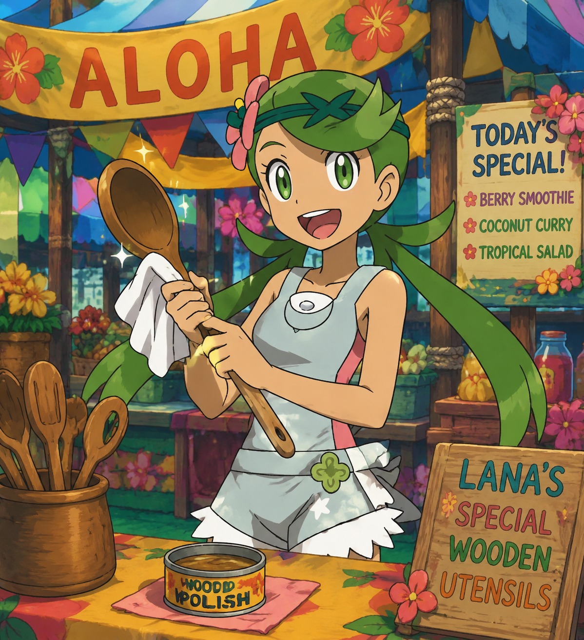 Polishing her favorite wooden cooking utensils At a colorful festival stall decorated with banners (retro 90s cel-shaded animation)