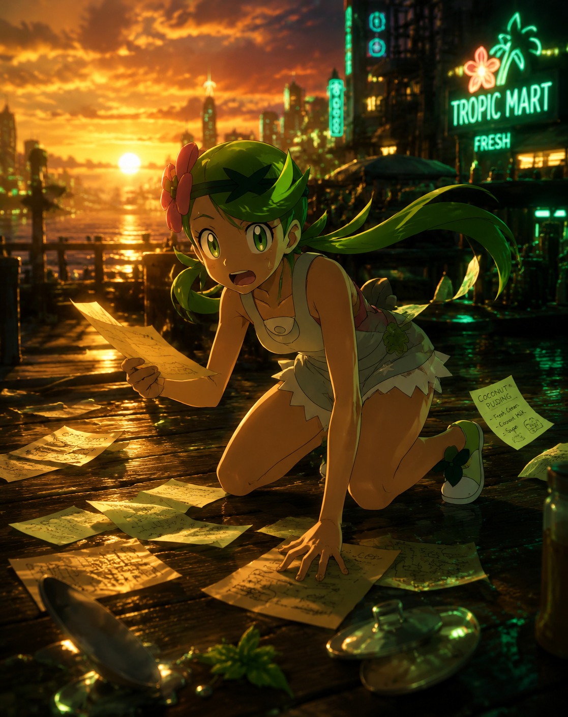 Searching frantically for a lost recipe On a wooden deck during a golden sunset (cinematic cyber-noir, neon green highlights)