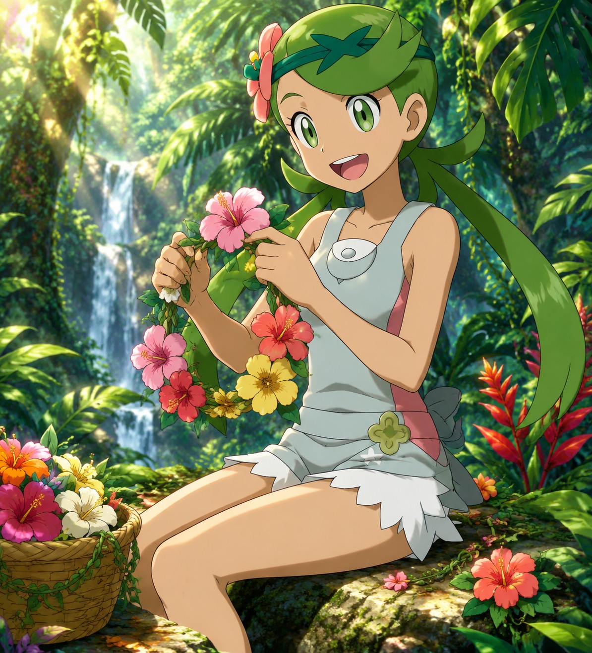Weaving a delicate crown of hibiscus flowers In the humid heart of Lush Jungle (vibrant tropical anime, bright sunlight)