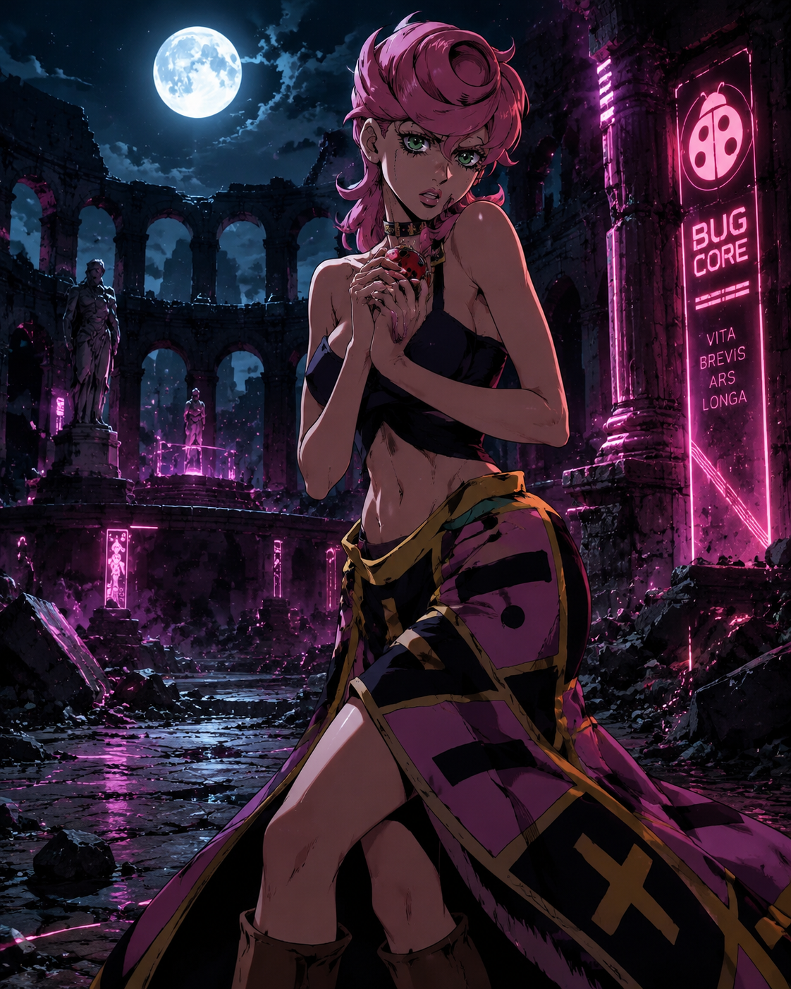 Clutching a ladybug brooch tightly In a crumbling Roman amphitheater under moonlight (cyberpunk digital art, glowing accents)