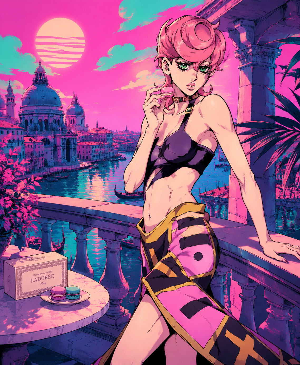 Eating a single gourmet macaroon On a sun-drenched balcony overlooking Venice (vaporwave aesthetic, neon pink and teal)