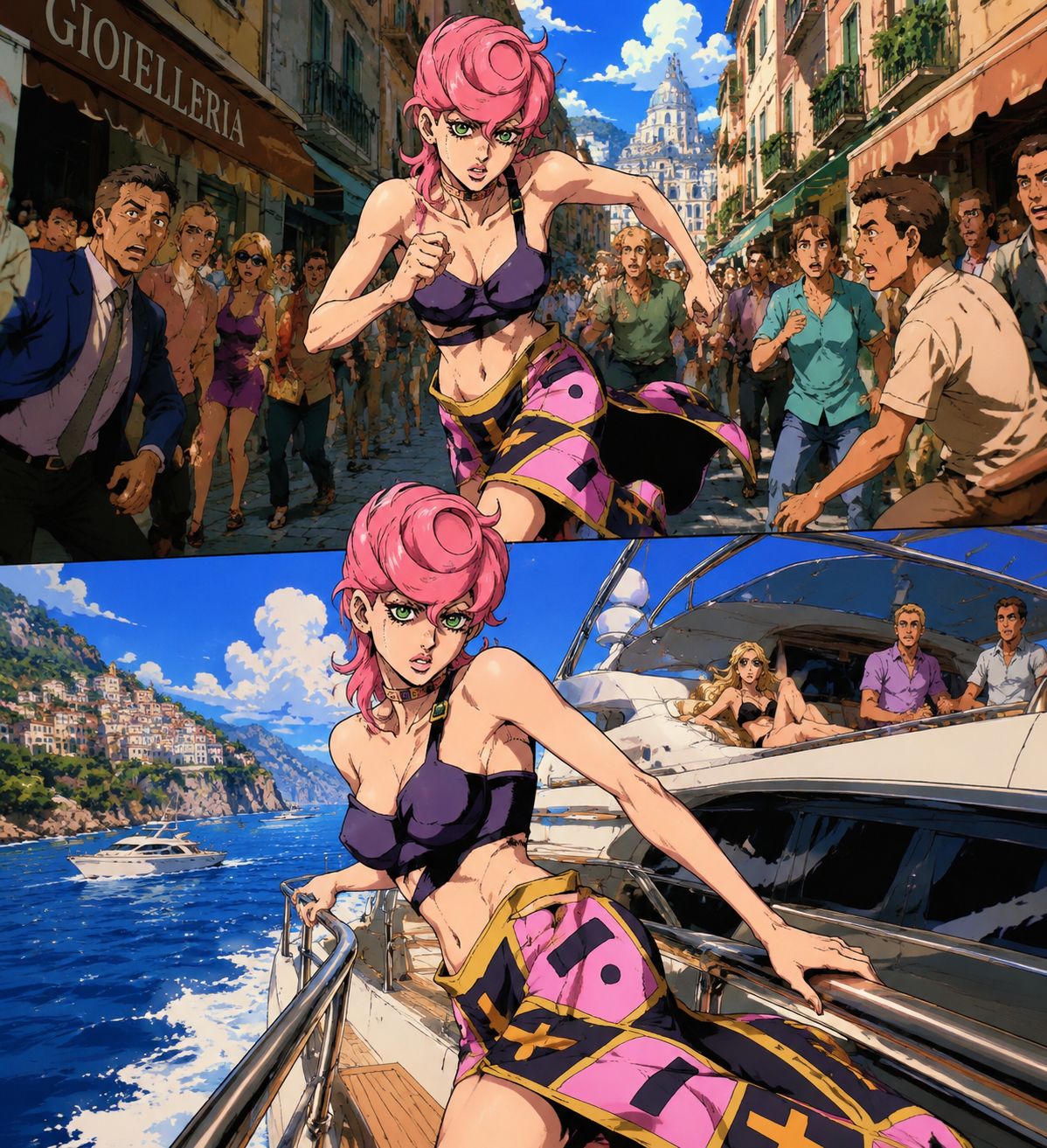 Sprinting through a crowded street On a luxurious yacht cruising the Mediterranean (1990s retro anime style, vibrant cel shading)
