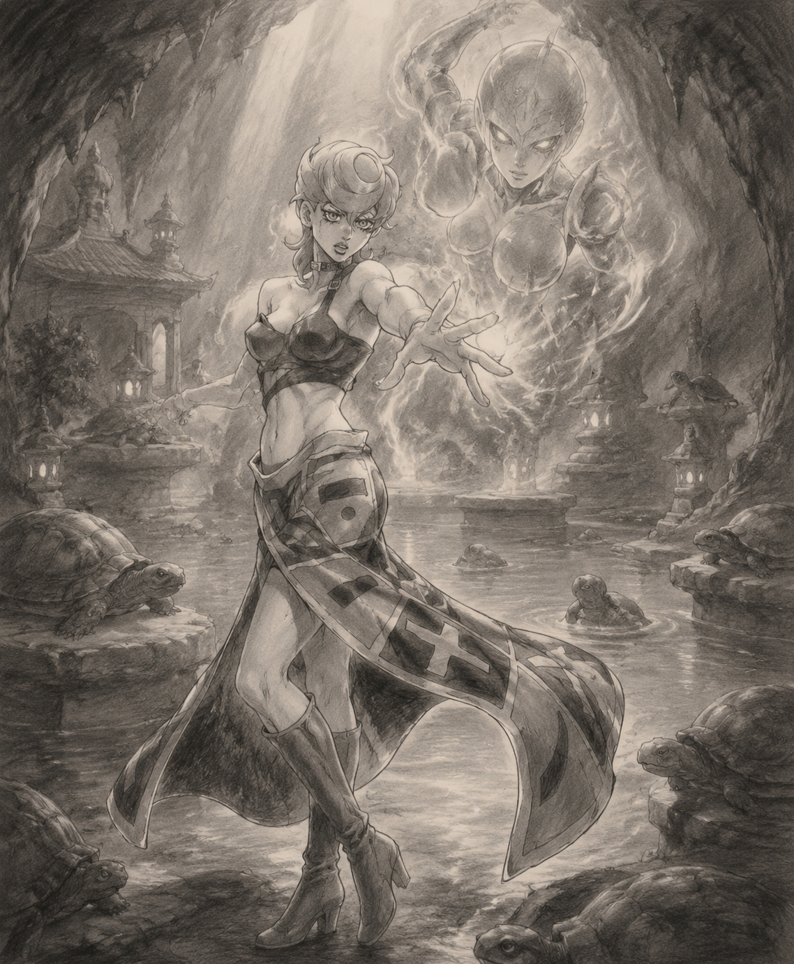 Summoning spice lady with a fierce gaze In a hidden underground turtle sanctuary (soft charcoal drawing, ethereal lighting)
