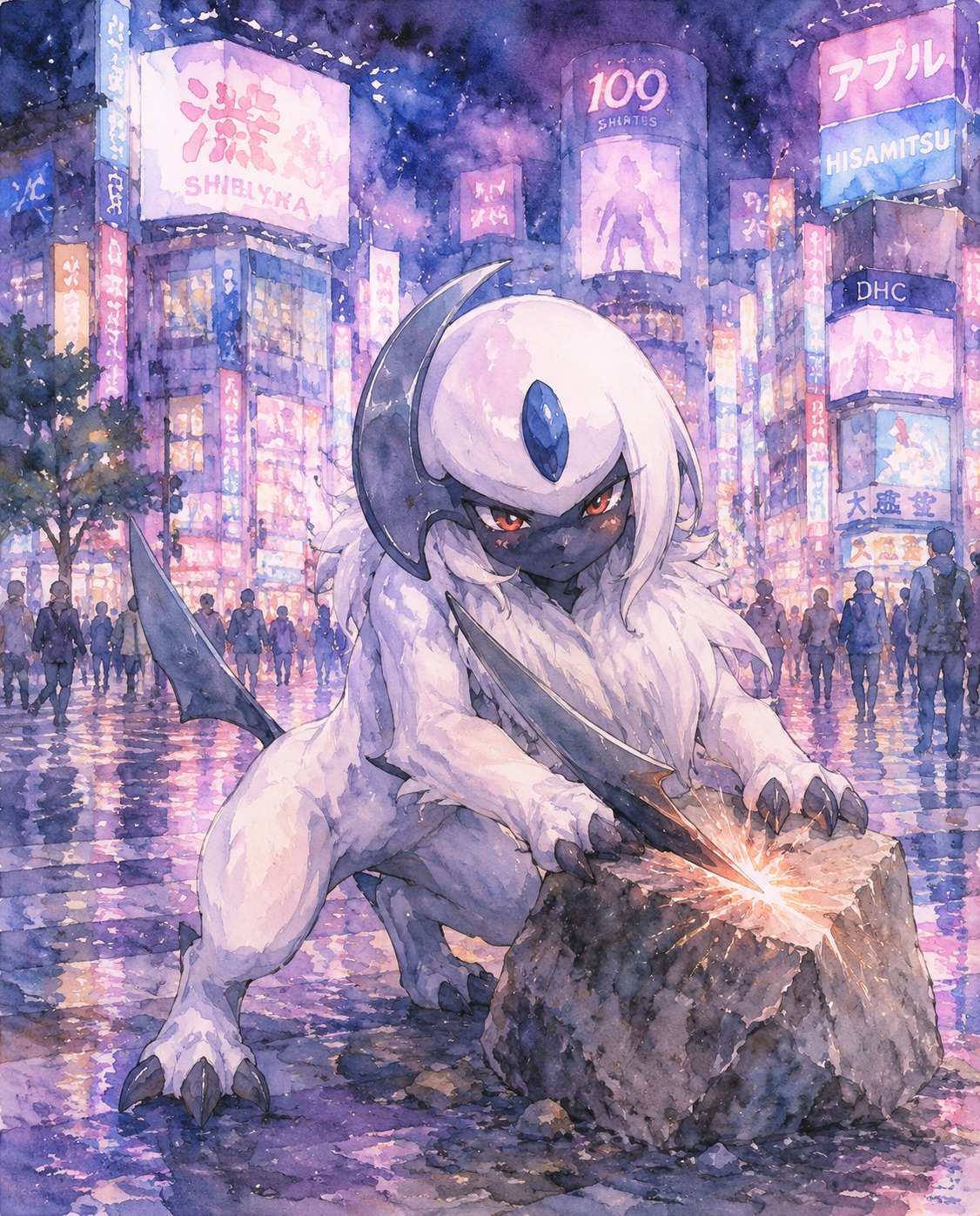 Sharpening its crescent horn against a rock At a busy city intersection under neon lights (watercolor anime, soft pastel lighting)