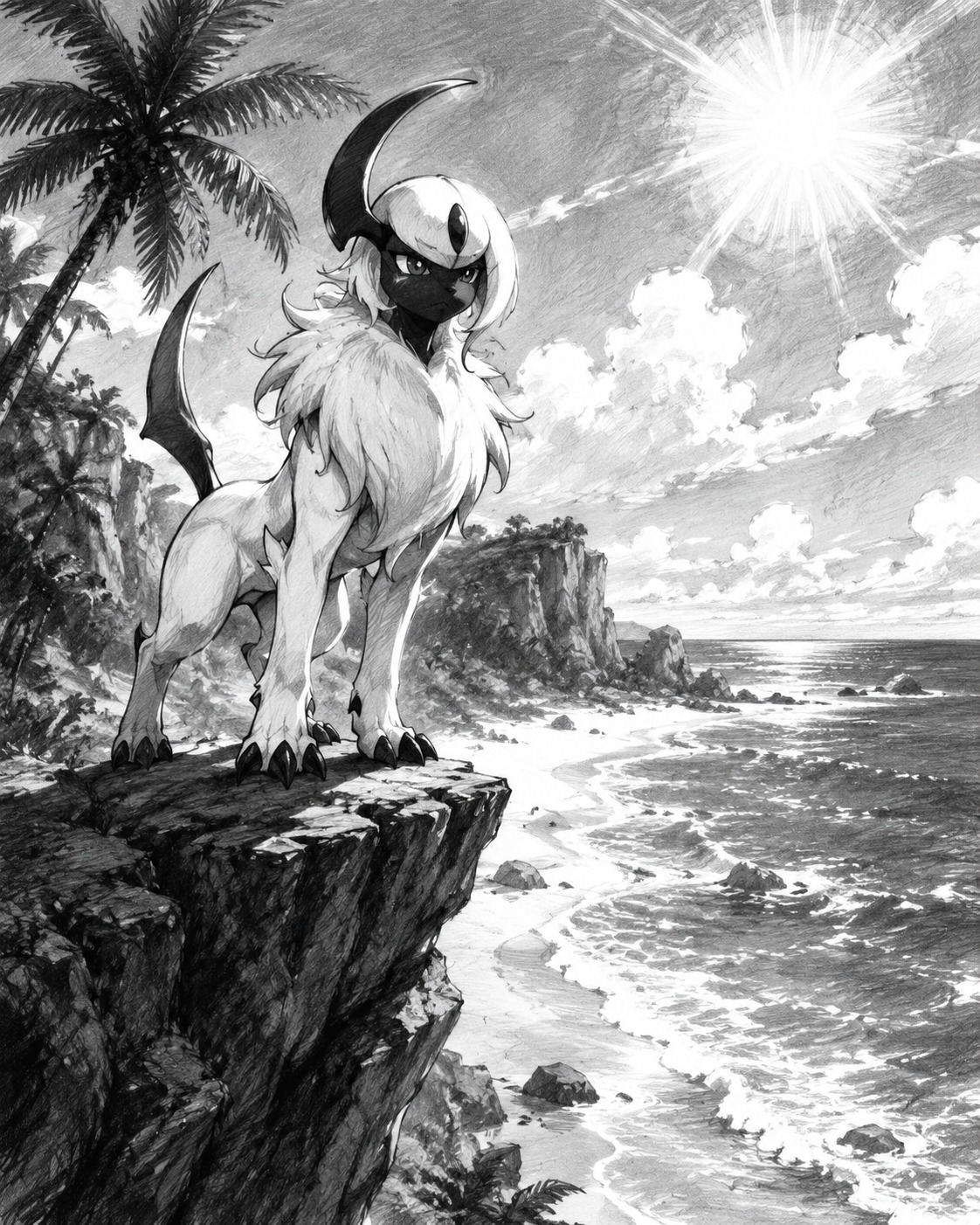 Standing alert on a jagged cliffside On a sun-drenched beach with turquoise waves (charcoal sketch, high contrast monochrome)