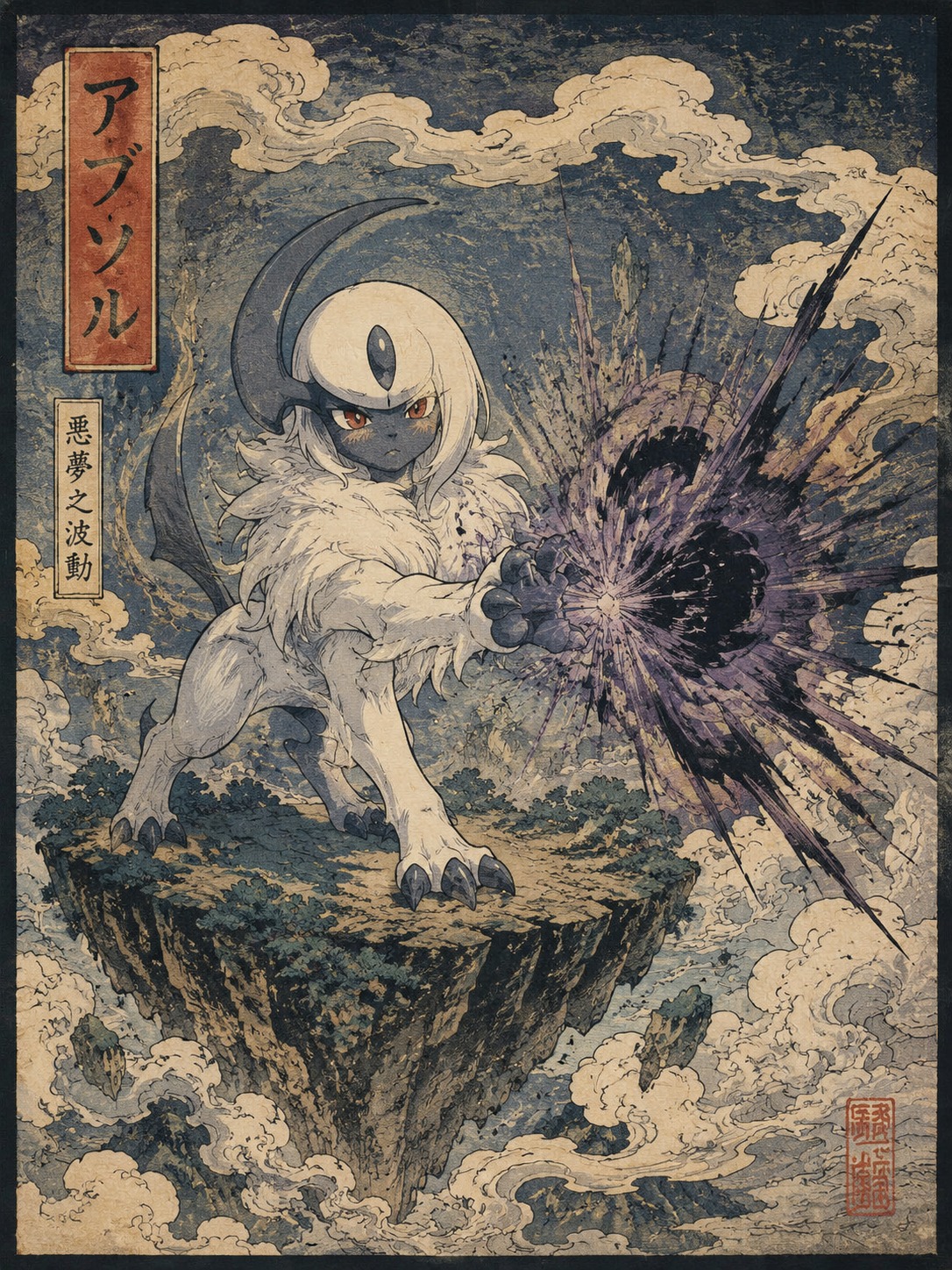 Unleashing a dark pulse of energy On a floating island amidst swirling clouds (Ukiyo-e woodblock print, traditional textures)