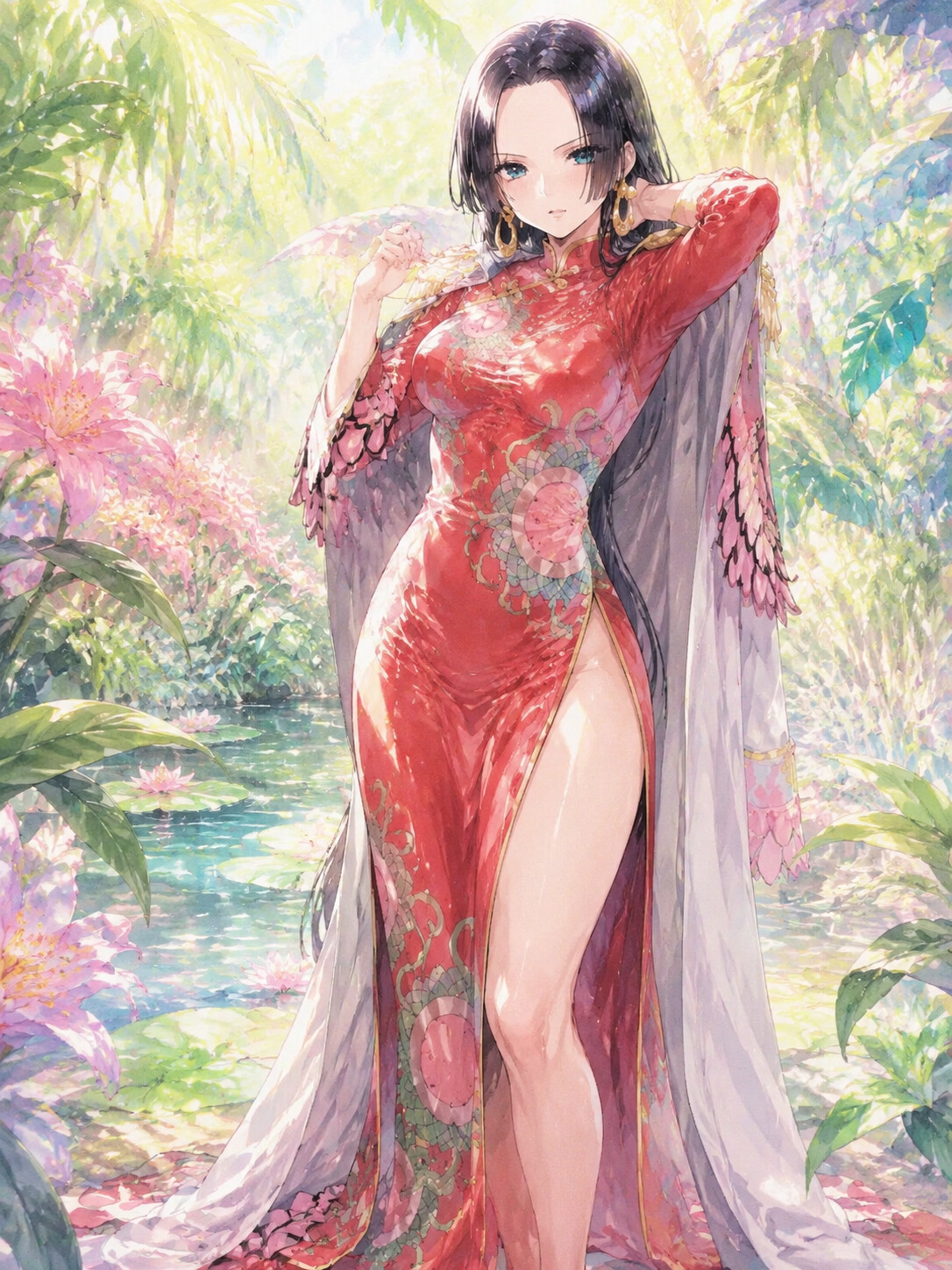 Adjusting her elegant silk high-collared dress in the lush jungle of Amazon Lily at noon (soft watercolor)