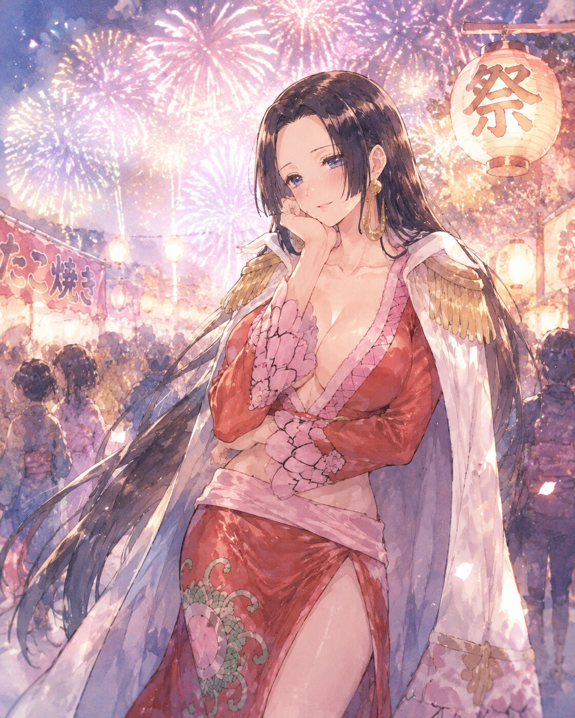 Daydreaming with a deep blush and soft smile at a bustling summer festival under exploding fireworks (soft watercolor)