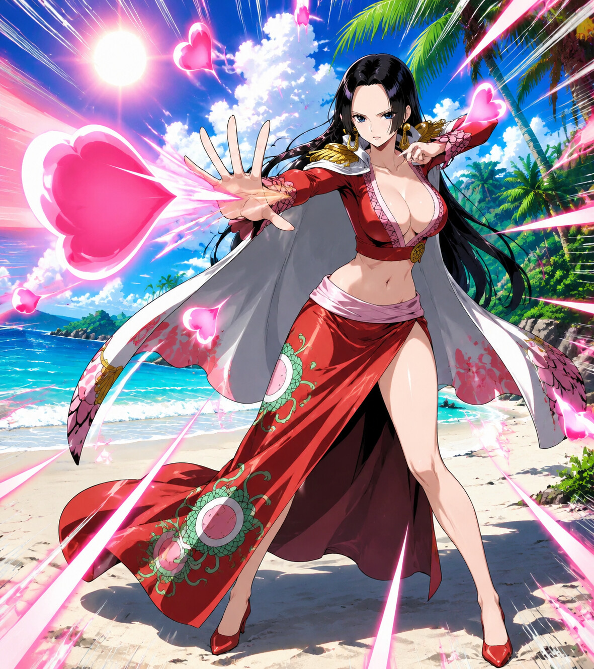 Practicing her Mero Mero no Mi heart arrows on a sun-drenched tropical beach with white sand (vibrant Shonen anime)