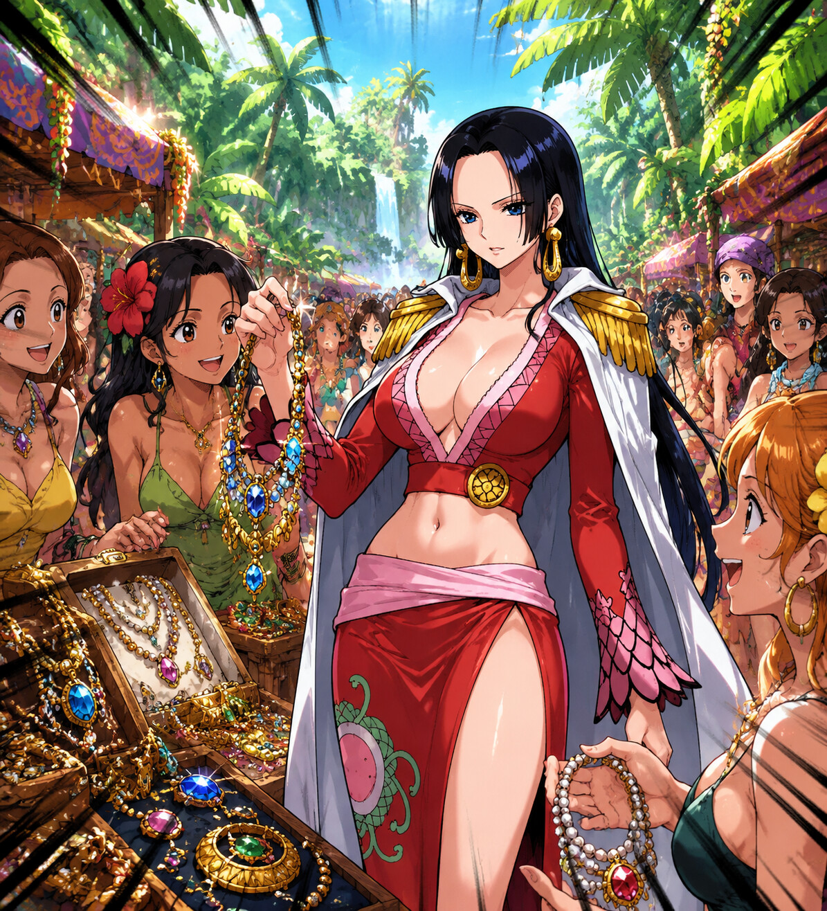 Shopping for expensive jewelry in a crowded market in the lush jungle of Amazon Lily at noon (vibrant Shonen anime)