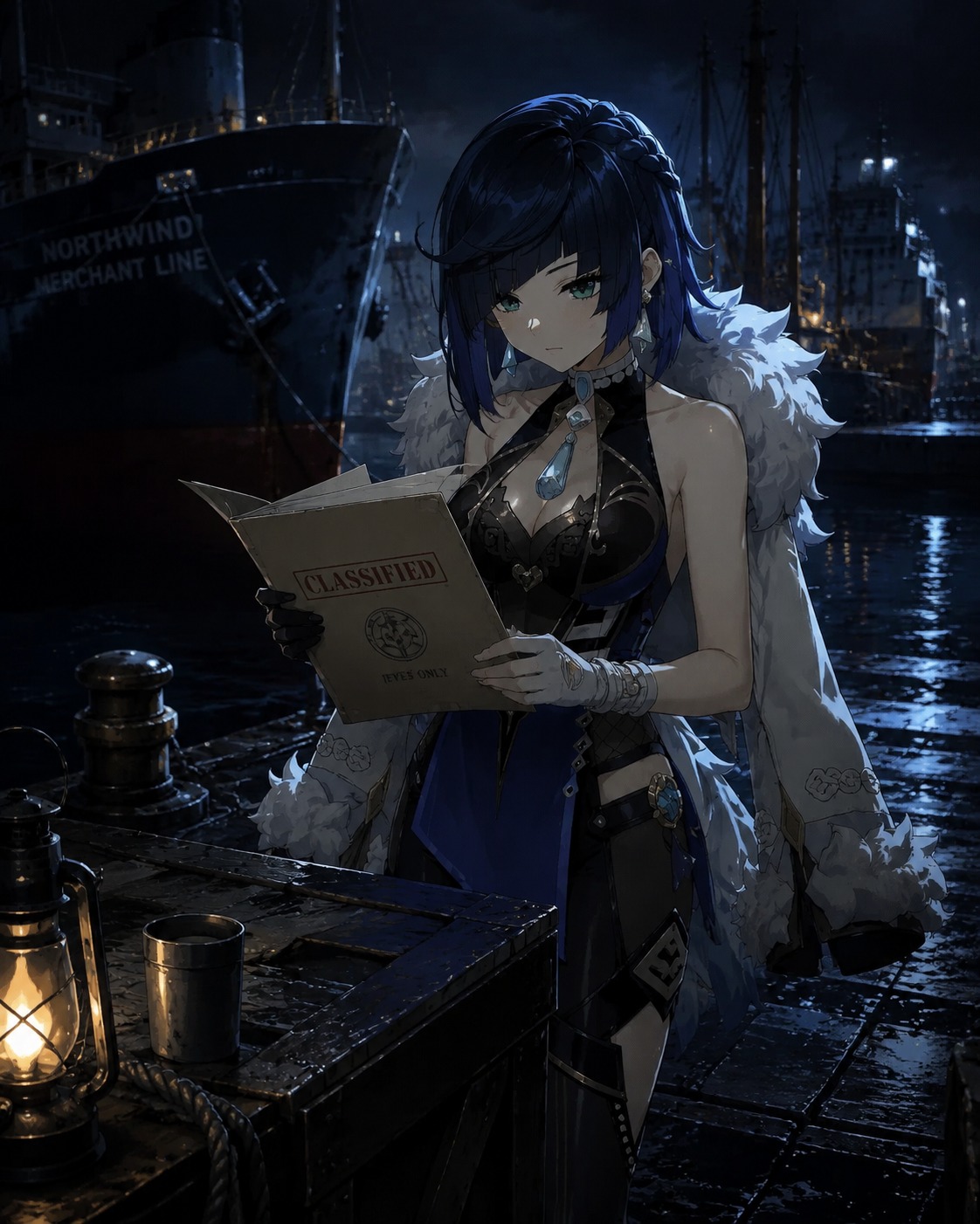 Examining a classified intelligence report At a quiet wharf beside docked merchant ships (cinematic noir, dramatic shadows)
