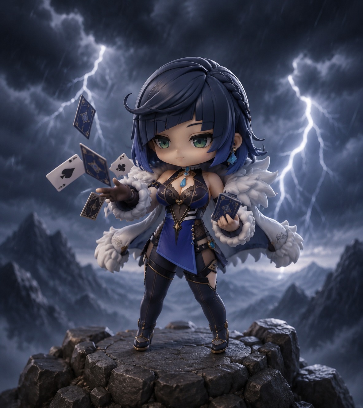 Practicing a sleight-of-hand card trick On a mountain peak during a thunderstorm (chibi 3D render, clay texture)