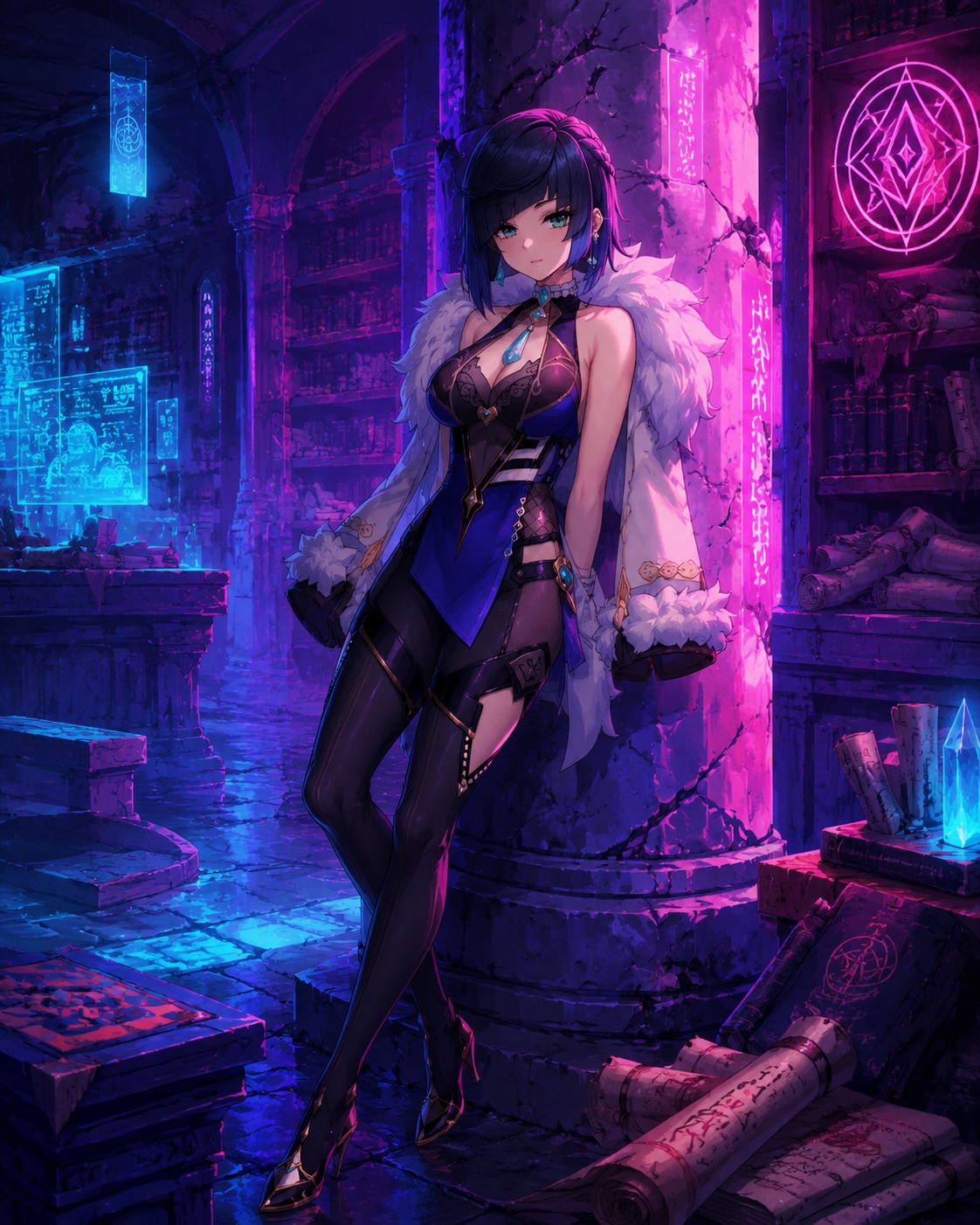 Resting against a crumbling stone pillar In a hidden underground archives room (vibrant vaporwave, neon highlights)