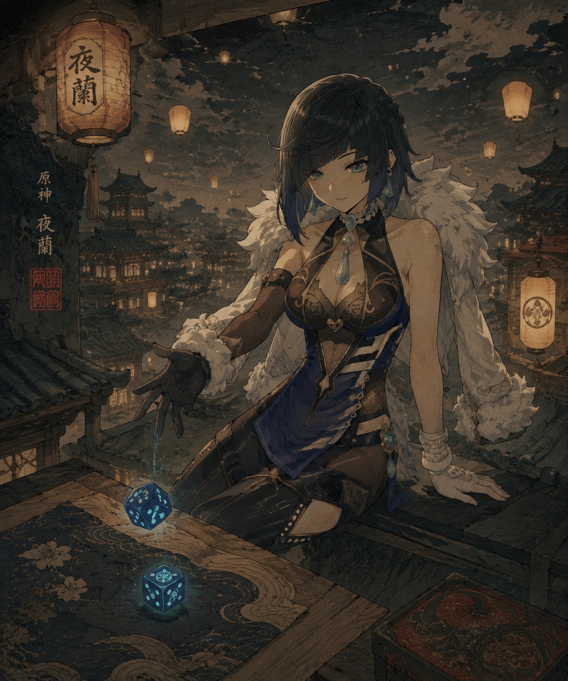 Rolling her glowing blue dice On a rooftop during the lantern festival (moody ukiyo-e, muted earth tones)