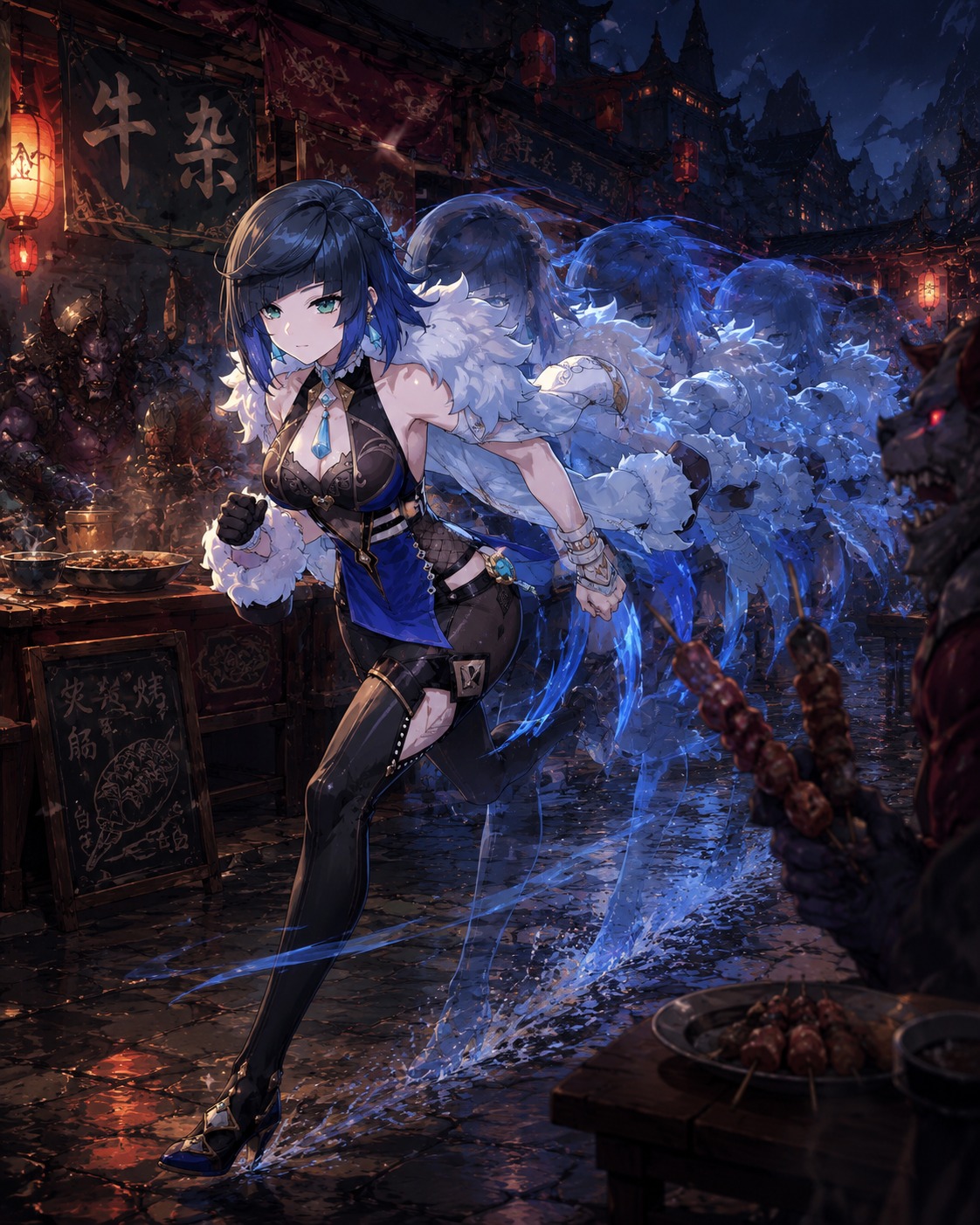 Sprinting with ghostly blue afterimages At a bustling street food stall (dark fantasy illustration, intricate details)