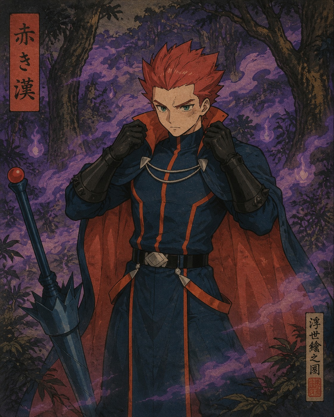 Adjusting the collar of his signature red cape In a dense forest thick with glowing purple mist (traditional Japanese ukiyo-e woodblock print)