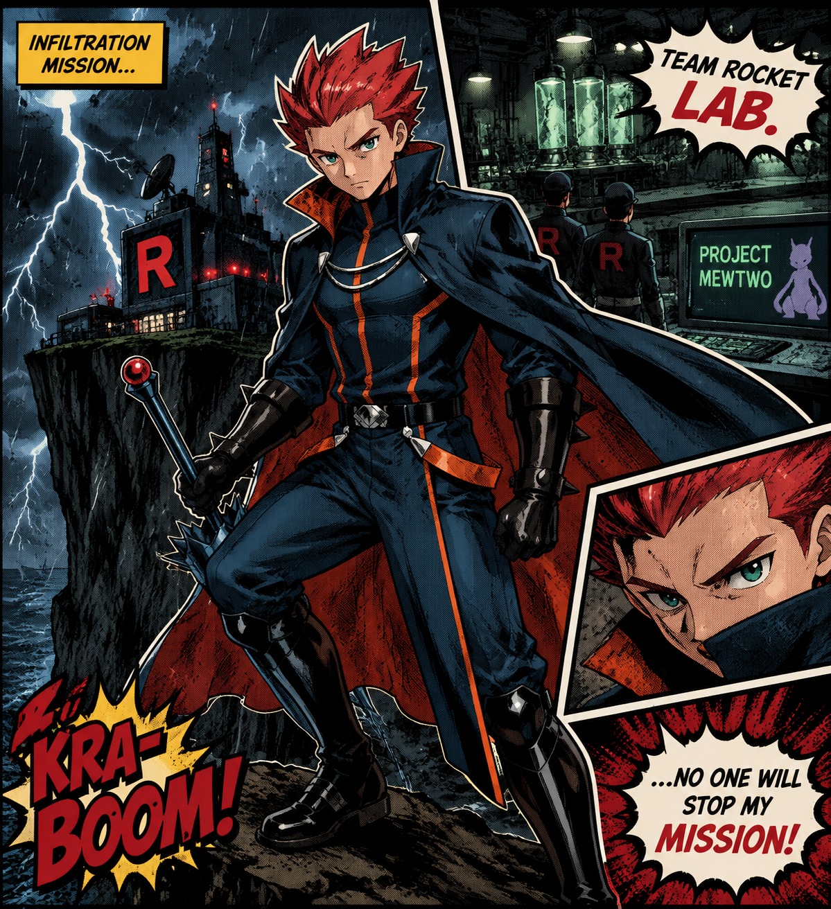 Infiltrating a dimly lit team rocket laboratory On a jagged cliffside during a lightning storm (pop art collage, bold outlines and halftone dots)