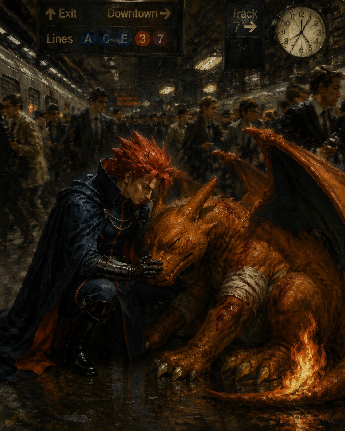 Sharing a quiet moment with an injured charizard In a crowded metropolitan train station at rush hour (dramatic baroque oil painting, chiaroscuro lighting)