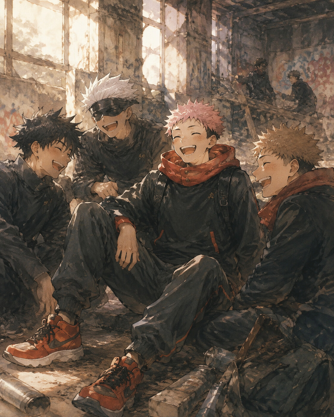 Laughing heartily with his classmates in a shadowy abandoned warehouse filled with debris (soft watercolor)