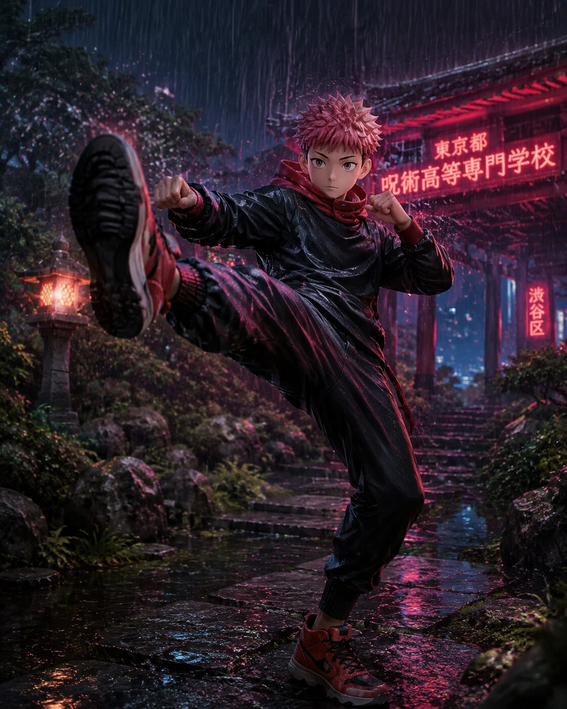 Practicing martial arts kicks in slow motion in the lush garden of Tokyo Jujutsu High (dark cinematic realism)